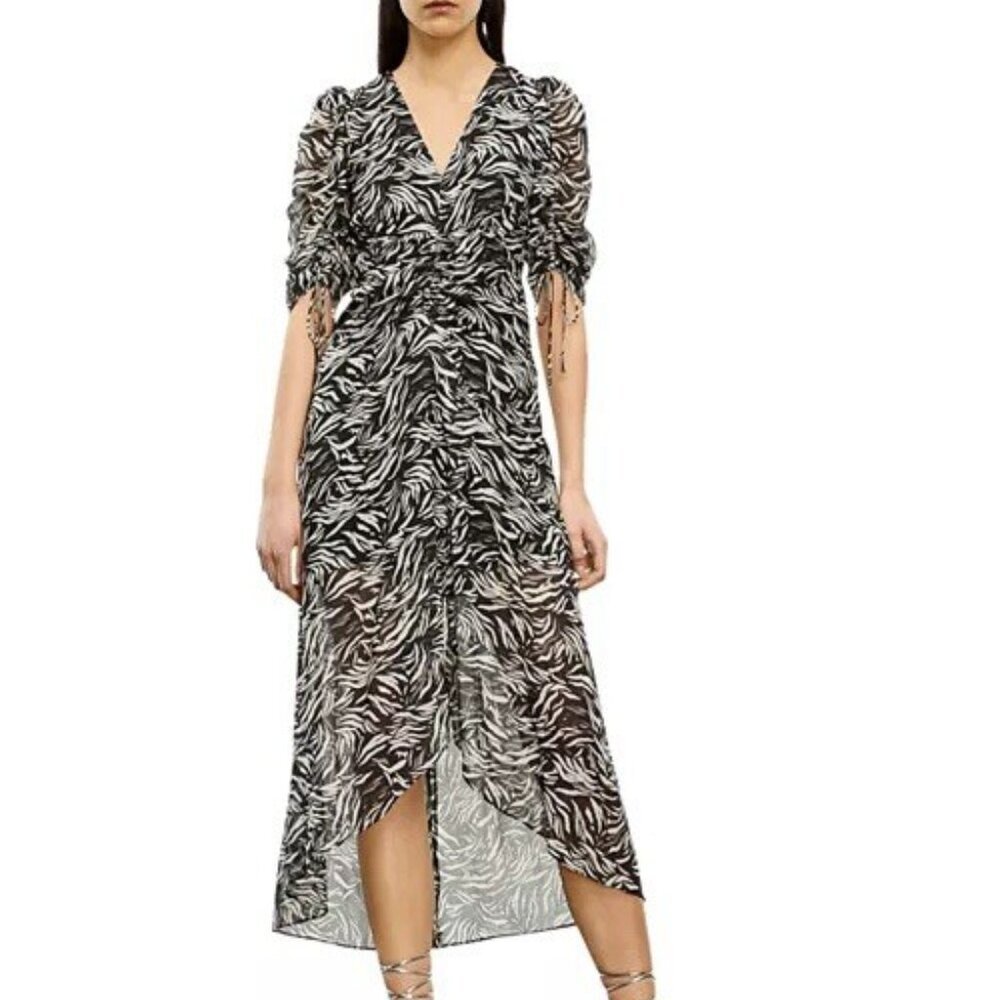 The Kooples Size XS Midi Dress Black White Zebra Print 3/4 Sleeve V-Neck NWT